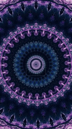 Foto de Caleidoscopio de neón. Mandala futurista. Adorno geométrico simétrico círculo brillante de color azul púrpura sobre fondo de ilustración abstracto espacio libre oscuro. - Imagen libre de derechos
