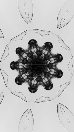 Téléchargez les photos : Kaléidoscope fond abstrait graphique. Encre noire contour de cercle ornement décoratif symétrique sur copie blanche espace illustration d'art. - en image libre de droit