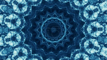 Téléchargez les photos : Ornement Kaléidoscope. Mandala rond. Bleu lumière de couleur symétrique cercle géométrique motif graphique abstrait art illustration fond avec espace de copie. - en image libre de droit