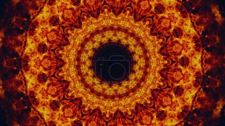 Foto de Caleidoscopio de fondo. Mandala de fuego. Color rojo anaranjado chispas calientes brillantes alrededor de ornamento abstracto simétrico en el espacio libre negro oscuro ilustración de arte. - Imagen libre de derechos