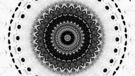 Téléchargez les photos : Kaléidoscope fond. Mandala design. Encre noire forme ronde ornement abstrait symétrique sur illustration d'art espace libre blanc. - en image libre de droit