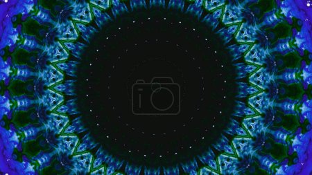 Foto de Marco de neón. Caleidoscopio futurista. Azul verde color claro redondo mandala diseño geométrico simétrico en negro oscuro vacío espacio abstracto ilustración fondo. - Imagen libre de derechos