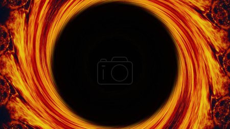 Photo for Fire frame. Burning swirl. Sparks vortex. Blur orange red golden glowing glitter hot whirl spinning circle on dark black abstract illustration empty space background. - Royalty Free Image