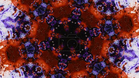 Téléchargez les photos : Peindre kaléidoscope fond abstrait. Bleu rouge noir couleur paillettes encre symétrique géométrique fractale ornement espace libre illustration. - en image libre de droit
