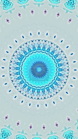 Téléchargez les photos : Kaléidoscope fond abstrait graphique. Cyan contour de cercle de couleur bleue ornement décoratif symétrique sur l'illustration de l'art de l'espace de copie légère. - en image libre de droit