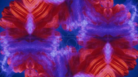 Téléchargez les photos : Fleur d'encre. Fond fractal. Peinture à paillettes brillantes de couleur bleue dans de l'eau miroir pétale rouge design symétrique illustration d'art abstrait décoratif. - en image libre de droit