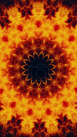 Téléchargez les photos : Mandala de feu. Ornement fantaisiste. Couleur rouge jaune étincelant bokeh lumière cercle chaud design symétrique sur fond noir abstrait illustration d'art. - en image libre de droit
