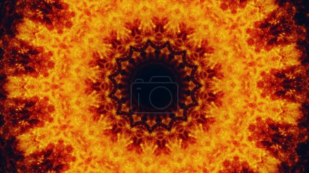 Téléchargez les photos : Mandala scintillant. Kaléidoscope brillant. Rouge orange jaune couleur bokeh lumière chaleur forme ronde cadre symétrique design sur fond abstrait noir foncé illustration. - en image libre de droit