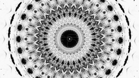 Téléchargez les photos : Kaléidoscope fond abstrait graphique. Encre noire contour de cercle ornement décoratif symétrique sur copie blanche espace illustration d'art. - en image libre de droit
