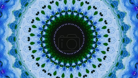 Foto de Adorno caleidoscopio. Mandala redondo. Azul verde tinta de color negro simétrico círculo geométrico patrón abstracto arte ilustración fondo con espacio de copia. - Imagen libre de derechos