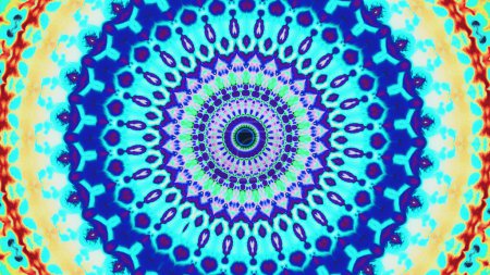 Téléchargez les photos : Ornement Kaléidoscope. Mandala rond. Cyan bleu orange rouge lumière symétrique cercle géométrique motif abstrait art illustration fond avec espace de copie. - en image libre de droit
