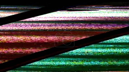 Photo for VHS glitch. Tape rewind. Analog distortion. Green red pink color grain diagonal stripes noise texture on dark black abstract copy space illustration background. - Royalty Free Image