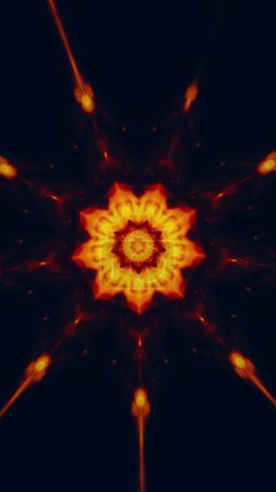 Photo for Flower graphic. Rays glow. Solar heat mandala. Blur yellow red color light beam floral ornament on dark black abstract illustration background with free space. - Royalty Free Image