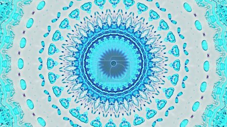 Téléchargez les photos : Kaléidoscope fond. Mandala design. Décoration abstraite symétrique rayonnante de couleur bleu cyan sur illustration d'art d'espace libre blanc. - en image libre de droit