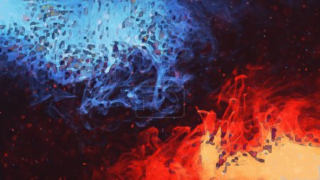 Photo for Color smoke pixel texture. Ice fire. Red blue glitch vapor cloud hot flame sparks cold fume on dark black abstract illustration free space background. - Royalty Free Image
