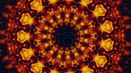 Téléchargez les photos : Mandala de feu. Conception de Kaléidoscope. Orange or rouge couleur étincelante symétrique forme ronde motif géométrique sur fond noir abstrait illustration d'art. - en image libre de droit