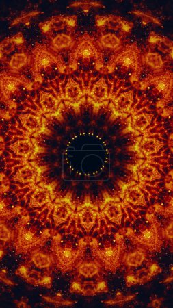 Foto de Mandala chispeante. Adorno redondo. Color rojo anaranjado brillante círculo de luz bokeh patrón simétrico sobre fondo de ilustración de arte abstracto negro oscuro. - Imagen libre de derechos