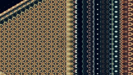 Foto de Adorno étnico. Motivo abstracto. Oro marrón de color negro brillante patrón de mosaico en fondo de ilustración creativa geométrica oscura. - Imagen libre de derechos