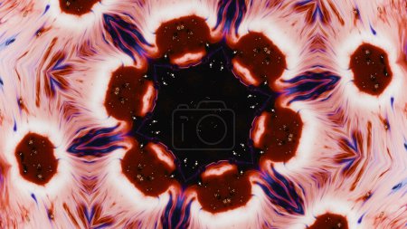 Téléchargez les photos : Peignez le kaléidoscope. Design floral. Rouge bleu rose noir couleur brillant encre symétrique ornement fractal illustration abstrait espace libre fond. - en image libre de droit