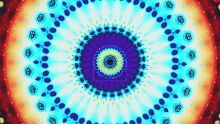 Téléchargez les photos : Kaléidoscope fond. Mandala design. Cyan bleu pourpre rouge couleur brillant rond symétrique abstrait ornement espace libre illustration d'art. - en image libre de droit
