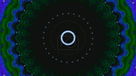 Téléchargez les photos : Néon kaléidoscope. Mandala ethnique. Bleu vert couleur éclatante fleur cercle cadre symétrique ornement géométrique sur noir foncé espace libre abstrait illustration fond. - en image libre de droit