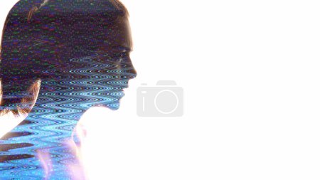 Photo for Anger stress. Mind mess. Depression anxiety. Double exposure of woman glitch noise face head profile silhouette isolated on white background empty space. - Royalty Free Image