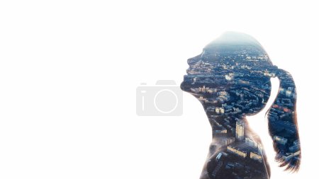 Photo for Freedom mind. City dream. Megalopolis life. Double exposure of sensual woman head shape profile silhouette with town houses buildings view isolated on white background empty space. - Royalty Free Image