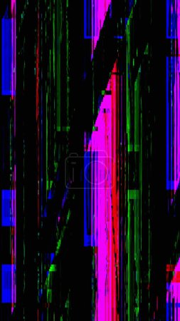 Glitched background. Digital defect. Colorful pixels tape rewind effect on distorted broken black tv screen in technology graphic abstract art.