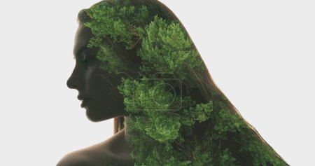 Nature therapy. Healing meditation. Profile silhouette of sensual woman green forest trees foliage isolated on white free space background.