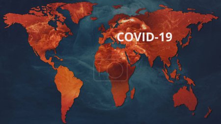 Téléchargez les photos : COVID 19 pandémie. La planète Terre infectée. Danger global. La maladie à virus rouge abstrait se propage à travers le monde continents pays sur la carte bleue. - en image libre de droit