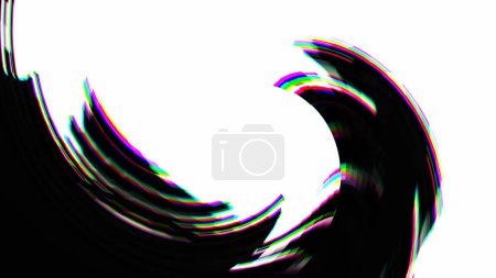 Abstract background. Digital artifacts. Error effect. Colorful glitched pixelized wave swirl black whirl spreading on white in futuristic art.