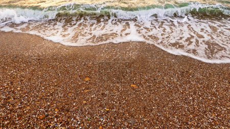 Téléchargez les photos : Une vague. Sur le rivage. Paysage naturel marin. Eau propre avec éclaboussures de mousse blanche sur la côte de l'océan de sable brun. - en image libre de droit
