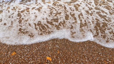 Téléchargez les photos : Vue sur le rivage. Au bord de la mer. vague d'eau claire avec mousse blanche éclaboussure lavage sur la plage de sable brun belle côte nature. - en image libre de droit