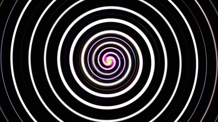 Photo for Psychedelic background. Hypnotic swirl. White vortex spiral with bright colorful wave fantasy circle optical illusion in dynamic black abstract art. - Royalty Free Image