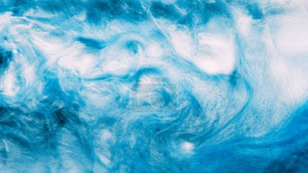 Photo for Color vapor. Ink water cloud. Blue white glowing glitter particles paint splash wave decorative abstract art copy space background. - Royalty Free Image
