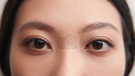 Téléchargez les photos : La beauté des yeux. Une femme confiante. Correction visuelle. Cultivé gros plan asiatique femelle visage avec naturel maquillage. - en image libre de droit