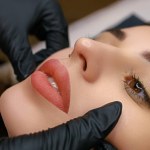Finished work on permanent lip makeup for a model, lips close-up, the master tightens the corners of the lips with his fingers. Lip tattoo done