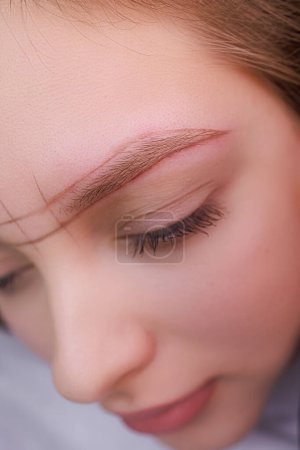 Macro photo of the model's eyebrows on which the sketch for permanent makeup is applied. PMU Procedure, Permanent Eyebrow Makeup.