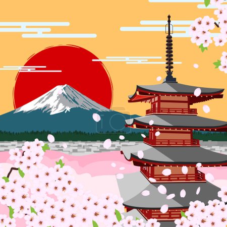 Ilustración de Monte Fuji en la temporada de flores de cerezo cerca de la pagoda. - Imagen libre de derechos