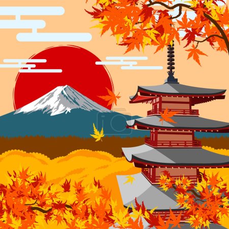 Ilustración de Monte Fuji en temporada de otoño cerca de la pagoda. - Imagen libre de derechos