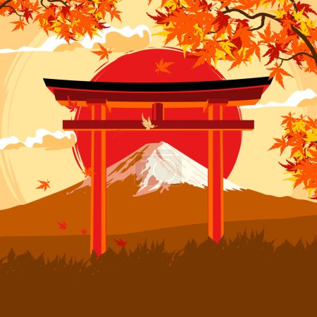 Illustration for Mount Fuji in autumn is a breathtaking natural wonder that captivates people from around the world. During this season, the iconic volcano transforms into a mesmerizing landscape of vibrant colors and serene beauty. - Royalty Free Image