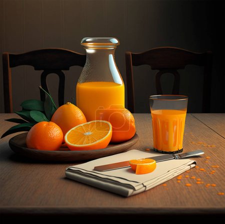 Illustration of a still life with natural oranges. There is squeezed orange juice and there is also a glass tumbler.