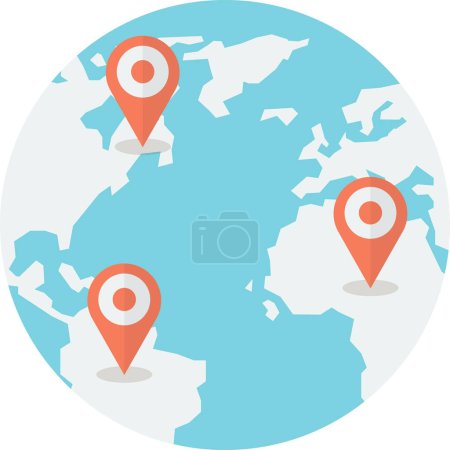 Téléchargez les illustrations : Illustration des broches de localisation et globes dans un style minimal isolé sur fond - en licence libre de droit