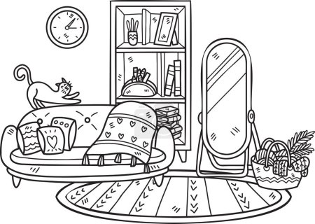 Ilustración de Sofá dibujado a mano con espejos y estantes habitación interior ilustración aislado en el fondo - Imagen libre de derechos