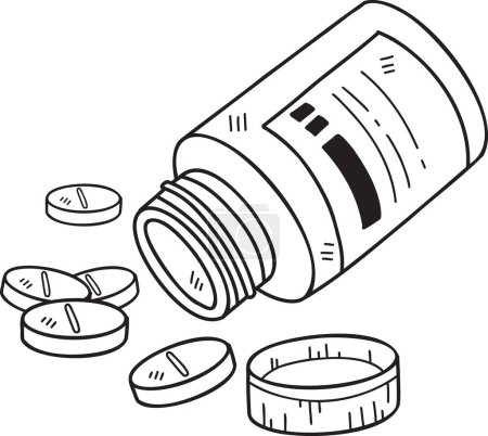 Píldoras dibujadas a mano y frascos de medicina ilustración aislada sobre fondo