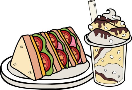 Téléchargez les illustrations : Sandwichs et boissons dessinés à la main illustration isolée sur fond - en licence libre de droit