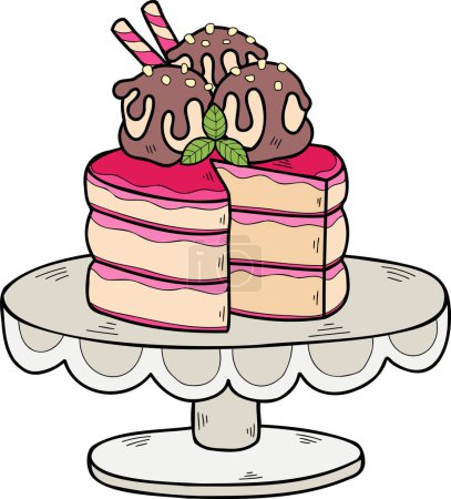Téléchargez les illustrations : Gâteau aux fraises dessiné à la main sur le stand de gâteau illustration isolé sur fond - en licence libre de droit