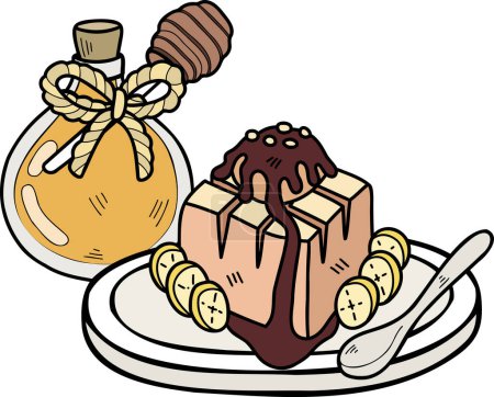 Téléchargez les illustrations : Toast au miel dessiné à la main surmonté d'une illustration au chocolat isolée sur fond - en licence libre de droit