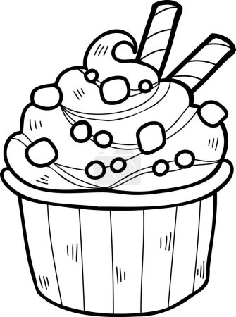 Téléchargez les illustrations : Crème glacée aromatisée à la fraise dessinée à la main avec illustration tasses isolées sur fond - en licence libre de droit