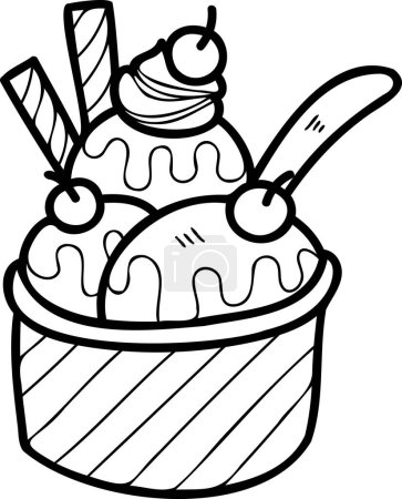Téléchargez les illustrations : Crème glacée aromatisée à la fraise dessinée à la main avec illustration tasses isolées sur fond - en licence libre de droit